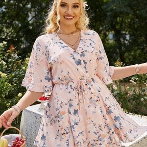 Shein Surplice Neck Pink Floral Print Drawstring Waist Ruffle Hem